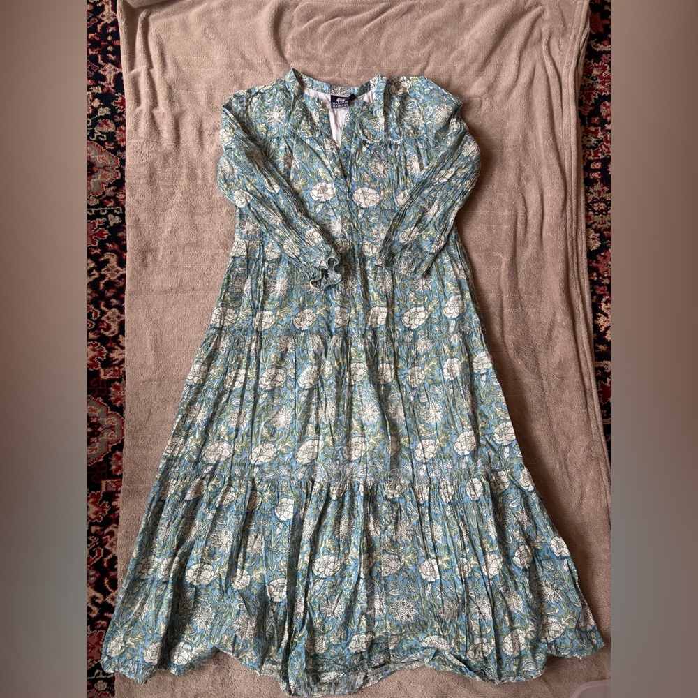 Madison Matthews 100% Cotton Floral Tiered Maxi Dress Long Sleeve Made in India